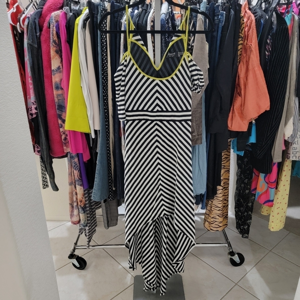 🤍 Guess Black and White Striped Hi-Low Dress with Yellow Trim